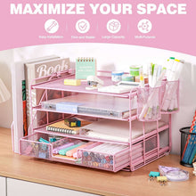 Pink 4-tier desk organizer rack with mesh bins and pen cup holders