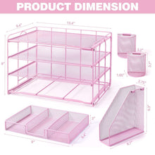 Pink desktop organizer dimension diagram showing 4-tier rack and tray layout
