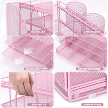 Pink desk organizer rack with sliding mesh tray, drawer organizer, and lift-off design