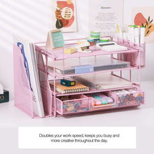 Pink mesh desktop organizer rack with clear shelves and pull-out lower drawer