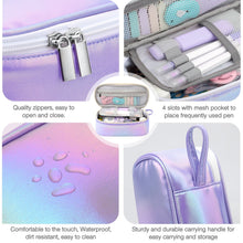 Purple pencil case close-up: double metal zippers and mesh-lined accessory pockets