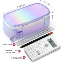 Iridescent purple pencil pouch with top zipper, rounded shape and small wrist strap