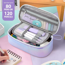 Iridescent light blue pencil pouch with open mesh organizer and pencil slots