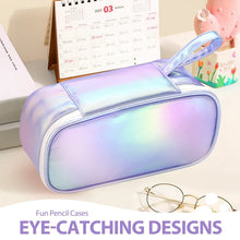 Iridescent purple-blue pencil pouch with top handle and silver zipper