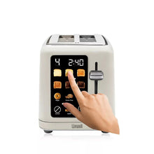 2-slice smart toaster with LCD menu and hand pressing buttons beside lever