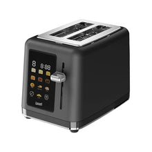 Black 2-slice toaster with open toasting slots, side lever, and touchscreen control panel