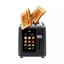 Black 2-slice smart toaster with touchscreen display and control buttons, bread slices raised