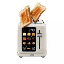 2-slice smart toaster with LCD panel and lever, showing two toasted bread slices