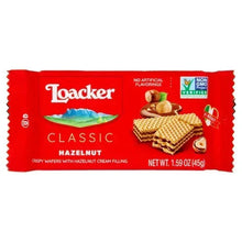 Loacker Classic Hazelnut crispy wafer packs, red box with nut and wafer graphics, 12 count