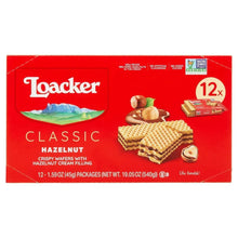 Loacker Classic Hazelnut crispy wafer box front with 12x badge and wafer stack graphic