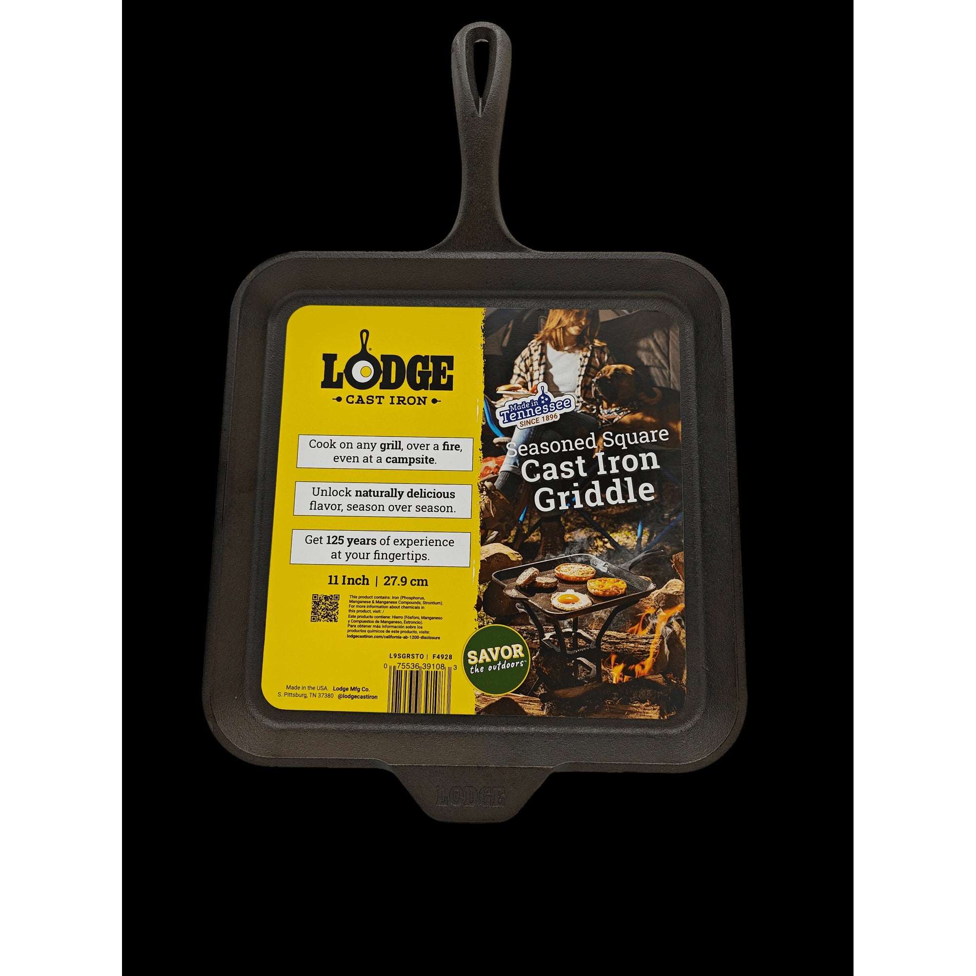 Lodge Cast Iron 11" Savor the Outdoors, Seasoned Square Griddle, Black