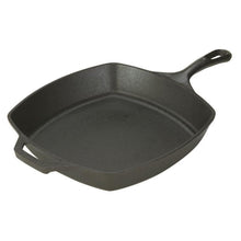 Square cast iron skillet with short handle, pre-seasoned dark finish.
