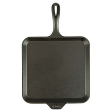 Square cast iron griddle with loop handle, dark cooking surface