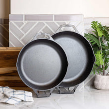 2-piece cast iron skillet set with two round skillets in gray finish