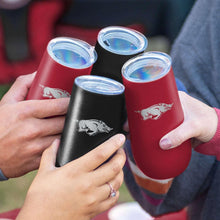 Four curved tumblers in hands, red and black with animal logos, each with clear lid