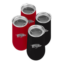 Four upright curved tumblers, red and black with open clear lids and logo graphics