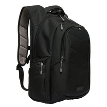 Quilted laptop backpack side view with water-bottle pocket and padded shoulder strap