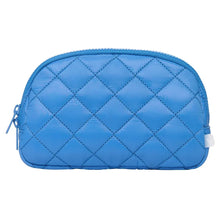 Blue quilted belt bag with diamond stitching and front zipper closure