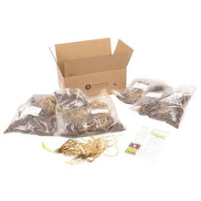 Plant shipment box with packaged bare-root bundles and paper label