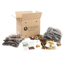 Shade-loving perennial collection box with packed roots, labels, and soil bundles