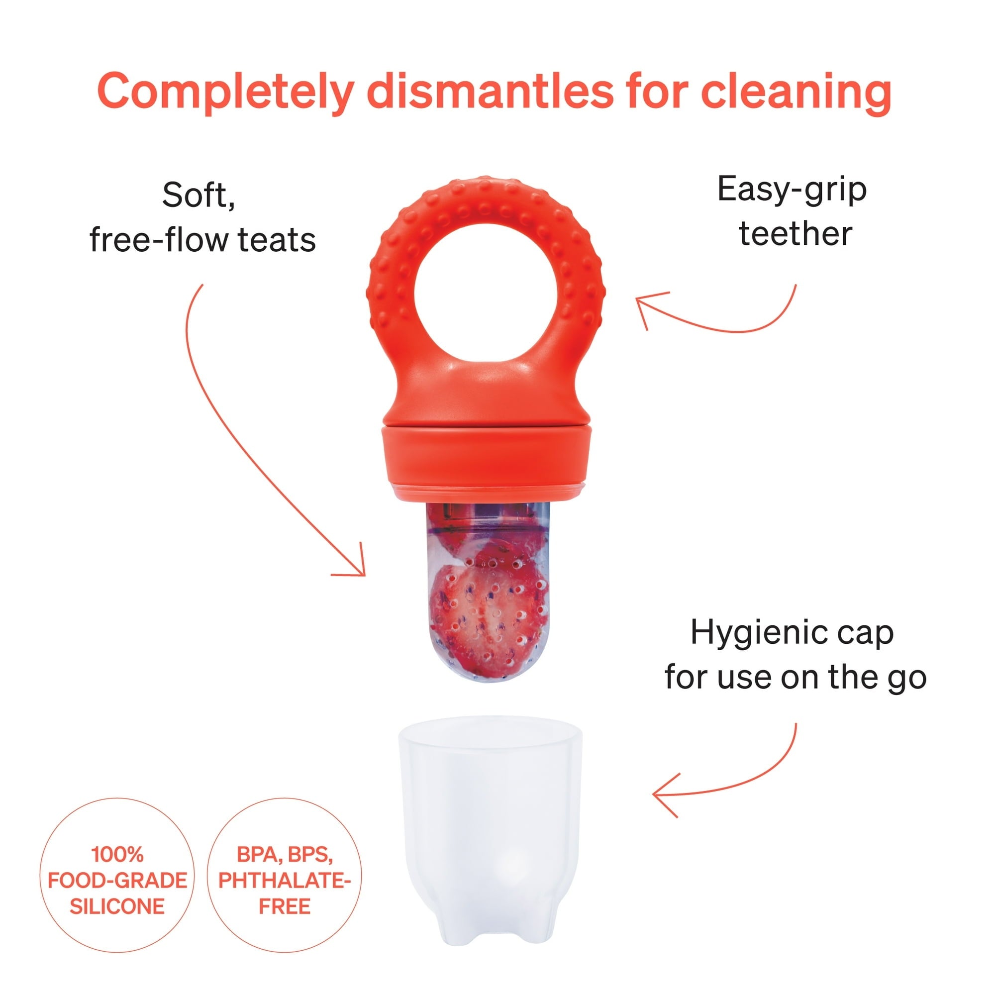 Love Noobs Baby Fruit Feeder, BPA-Free Baby Fruit Feeder & Teether Set, 4 Extra Teats, Red