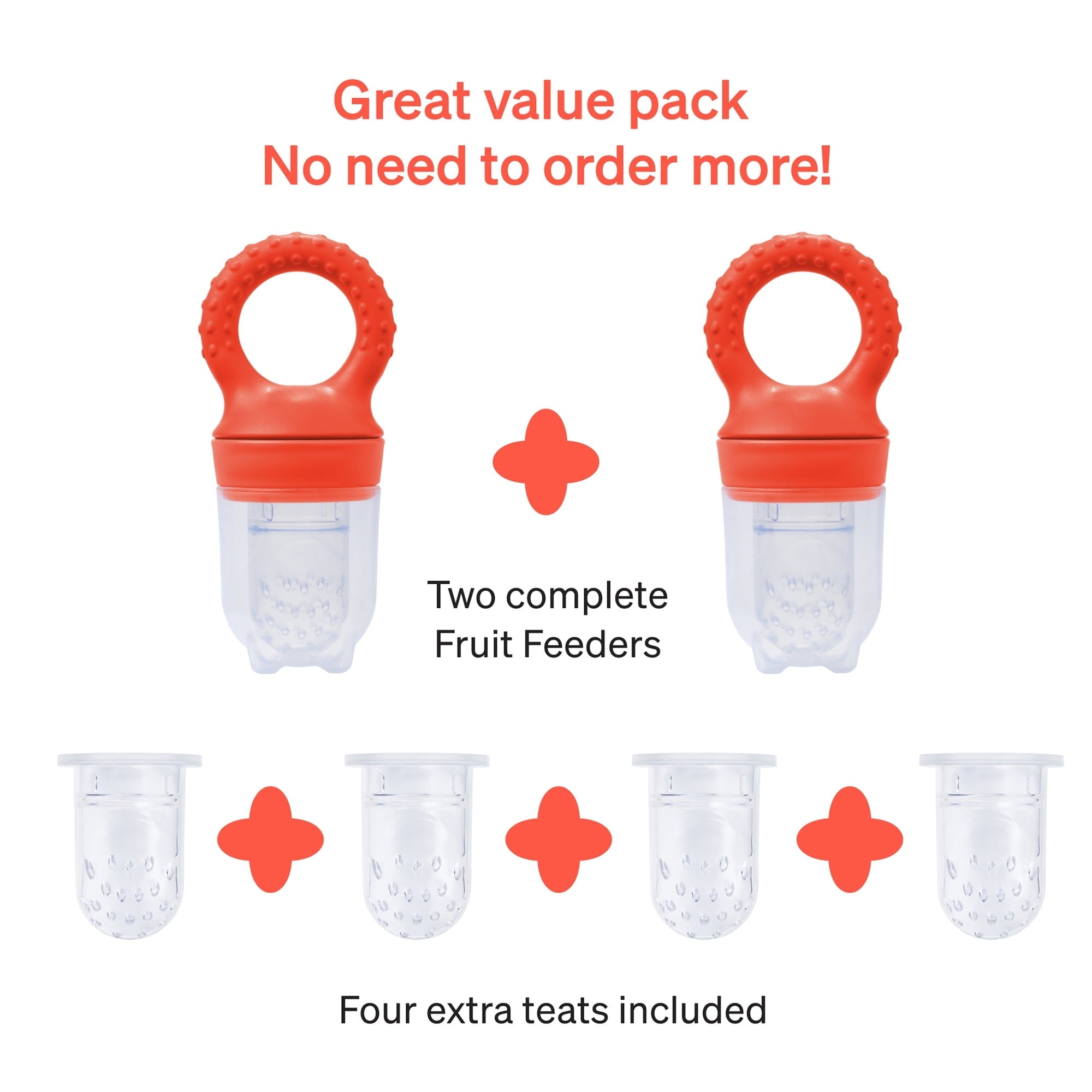 Love Noobs Baby Fruit Feeder, BPA-Free Baby Fruit Feeder & Teether Set, 4 Extra Teats, Red