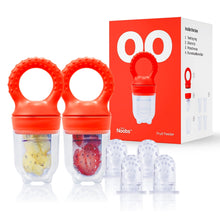 Red baby fruit feeder and teether set with two handles and four extra teats