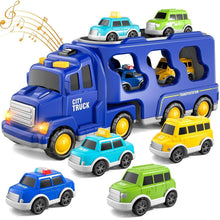 Blue city truck carrier toy with four small cars stacked inside and on the base