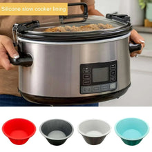 Silicone slow cooker liner in black, flexible bowl insert with handles