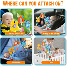 Baby play arch toy shown for stroller, car seat, bouncer, and crib attachment