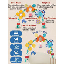 Baby play arch toy set featuring crab, jellyfish, shark, star teether and spin ball