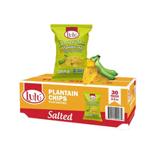 Box of salted plantain chips with green bag and plantain slices on display