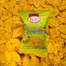 Lightly salted plantain chips bag surrounded by loose chips