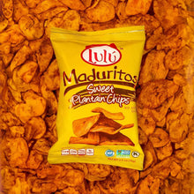 Sweet plantain chips pouch, Lulu Maduritos yellow bag with chip graphic