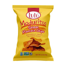 Lulu Maduritos Sweet plantain chips front pouch, yellow bag with red logo