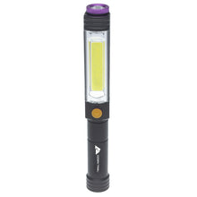Black LED flashlight with purple ring, clear UV task light panel and side switch