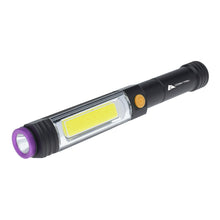 Black flashlight with clear front UV task strip and purple end cap