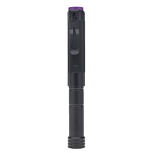 Black flashlight with purple end cap and molded side handle grip