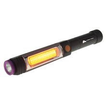 Black flashlight with clear lens, orange light bar, and purple end ring