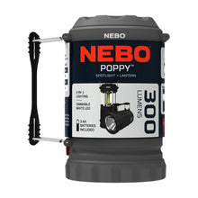 Gray NEBO Poppy 2-in-1 lantern/spotlight, battery-powered with carry handle.