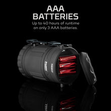 Gray battery-powered lantern/spotlight showing red battery cells.