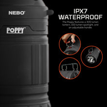 Gray waterproof-rated lantern/spotlight body with side handle and controls.