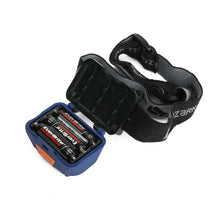 Blue LED headlamp with open battery compartment and AAA batteries