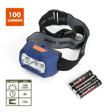 Blue LED headlamp with black strap and included AAA batteries, 100 lumens