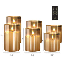 Flameless LED pillar candles in amber glass, shown in multiple heights, with remote.