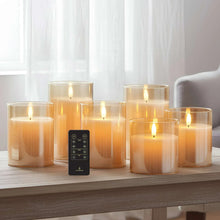 Flameless LED candle set in amber glass with glowing flames, arranged with remote on shelf.