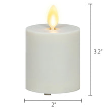 Light gray LED pillar candle, 2 in diameter, 3.2 in height, flickering flame.