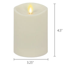 Cream LED pillar candle, 3.25 in diameter, 4.5 in height, flickering flame.