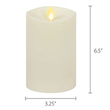 Cream LED pillar candle, 3.25 in diameter, 6.5 in height, flickering flame.