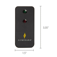 Black Luminara remote with power and flame buttons, 1.5 in by 3.35 in.
